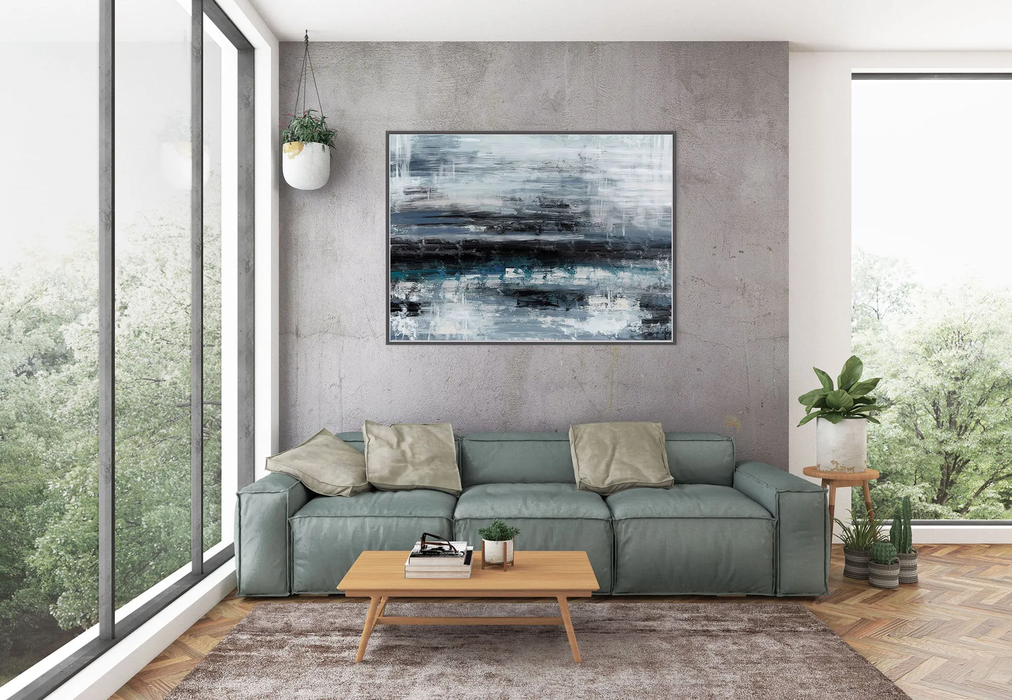 Black Blue Gray Wall Art Textured Abstract Painting Contemporary Art Fp098