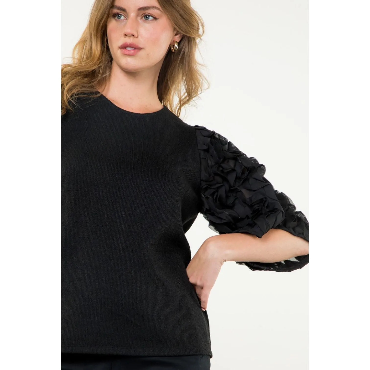 Sasha Black Textured Puff Sleeve THML Top