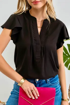 Solid Flutter Sleeve Woven Top- Black