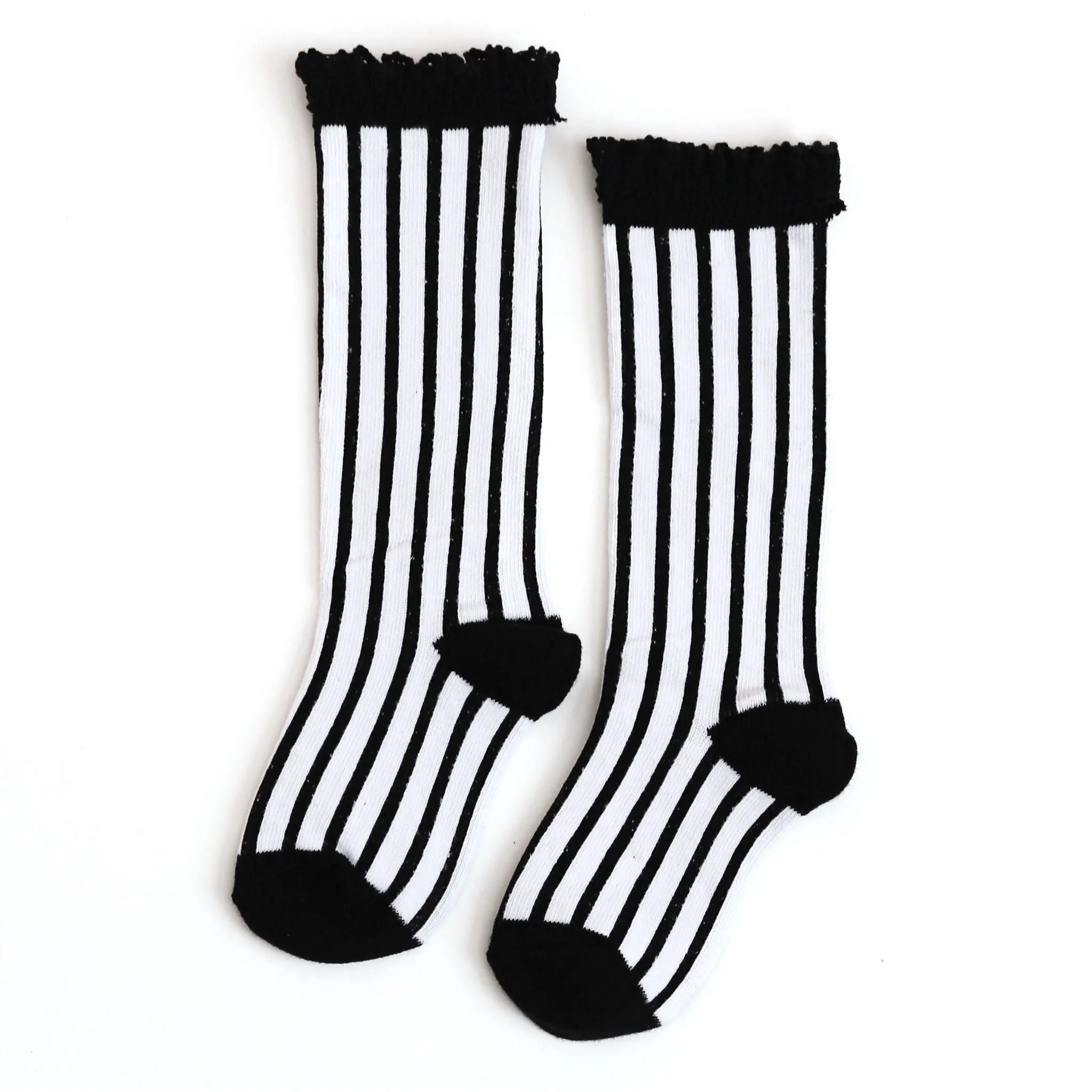 Vertical Striped Lace Top Knee High Socks - Black/White